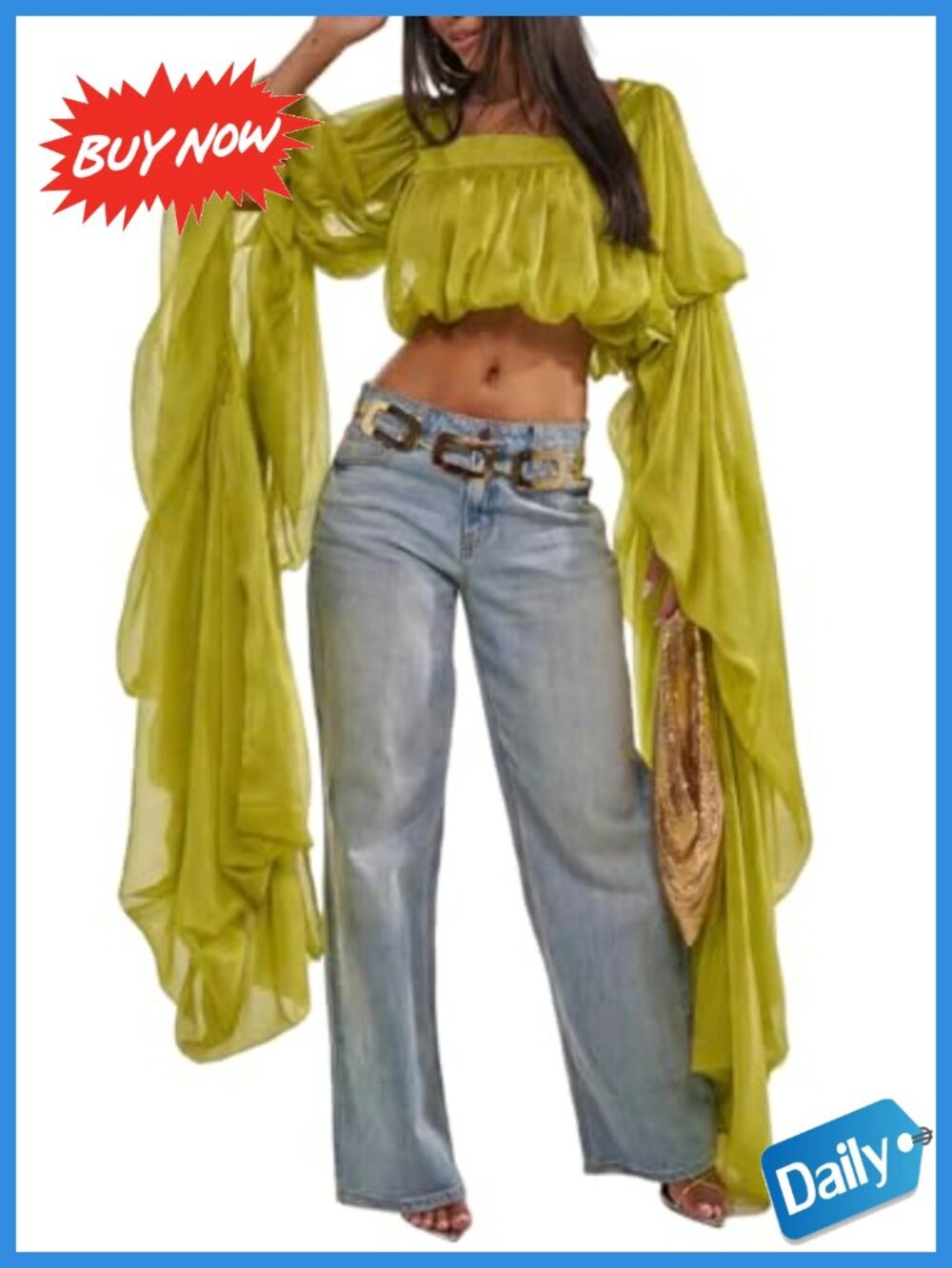 Women Chiffon Bell Sleeve Crop Top Ruffle Square Neck Blouse